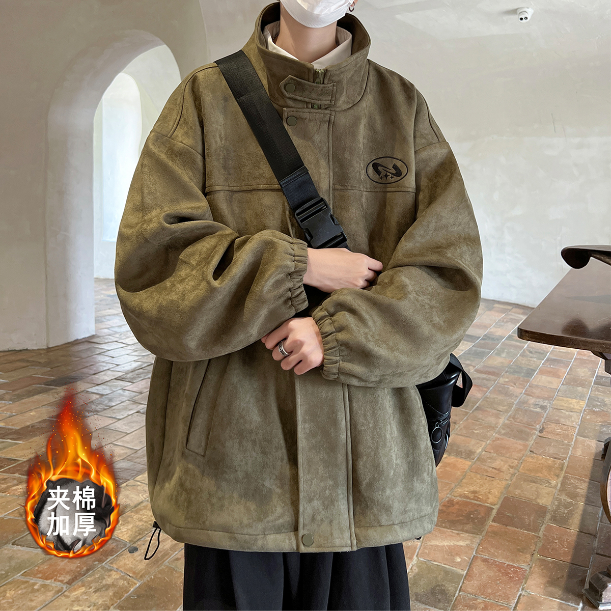 冬季加厚反绒毛皮棉服潮牌都市宽松休闲保暖男生夹克外套刺绣百搭