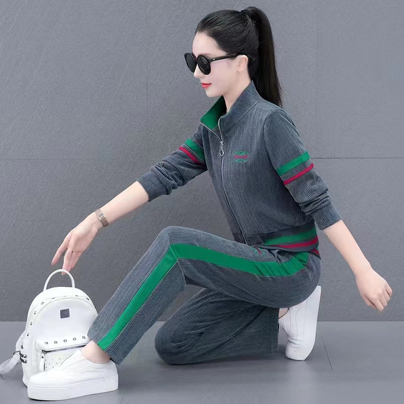 6866春季新款时尚休闲撞色拼接运动服两件套套装 