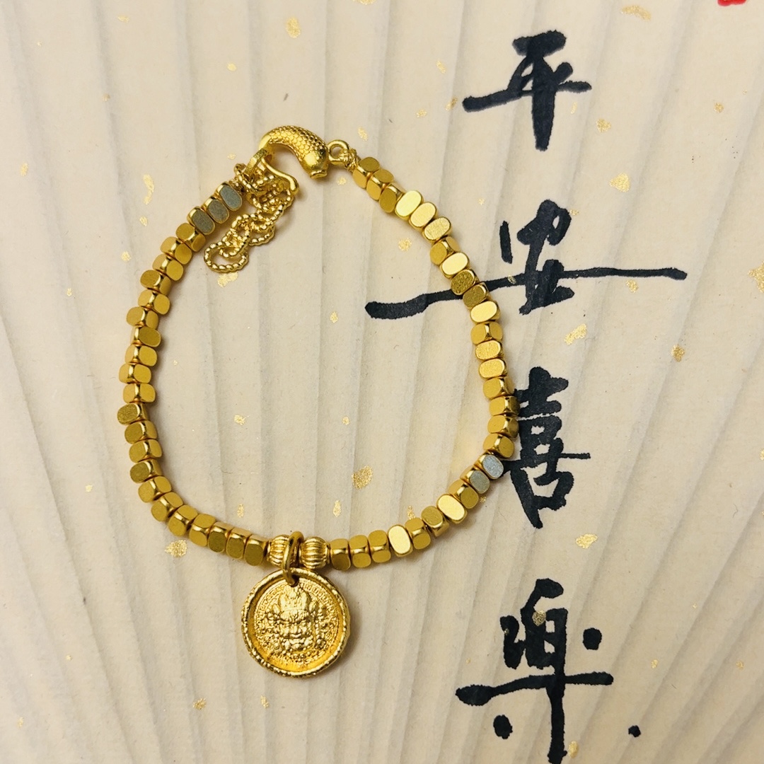 铜合金手链 铜合金时尚手工岁岁平安喜乐黄财神素款手链手饰串珠