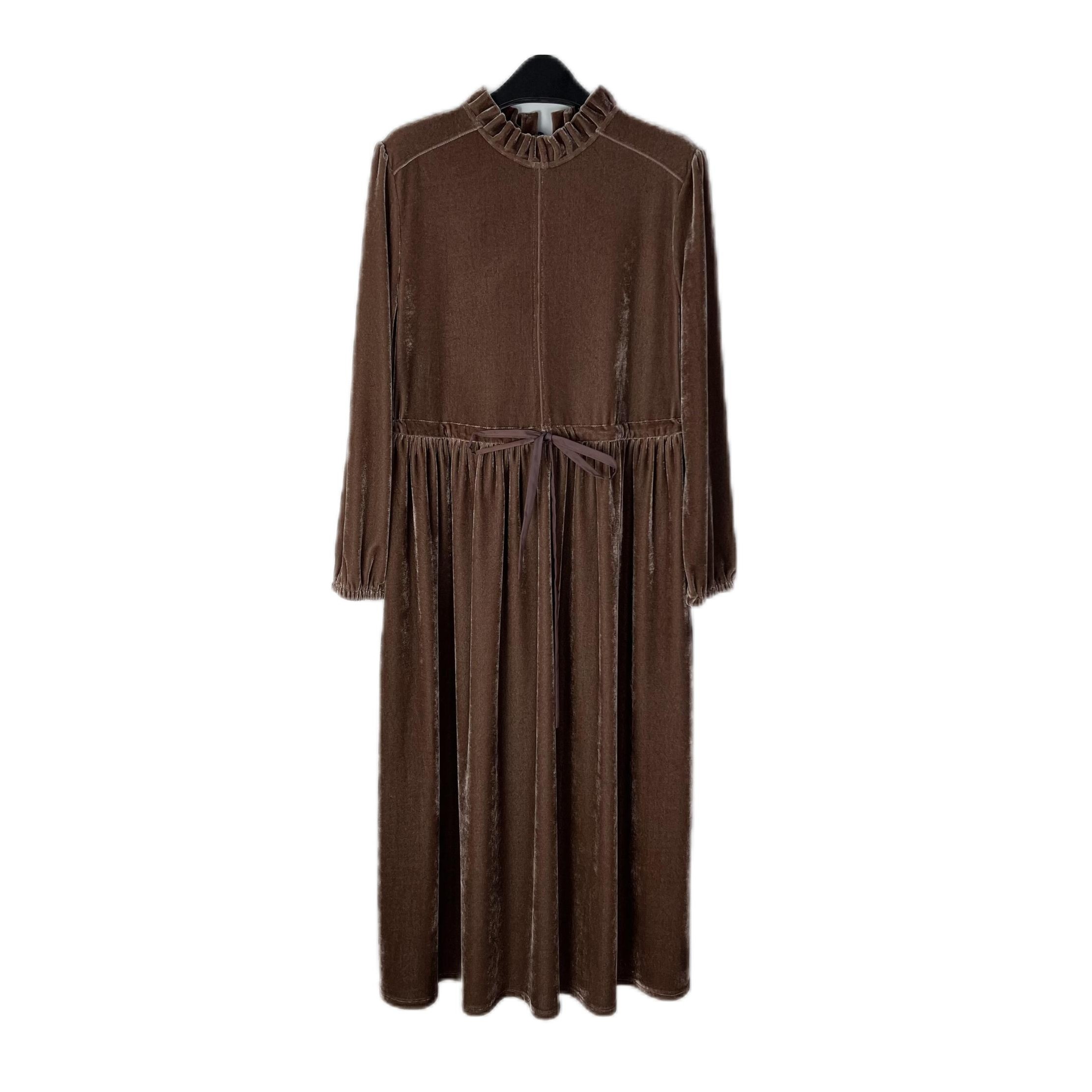 荷叶花边领金丝绒连衣裙复古腰带抽褶系带秋装新款圆领中长款显瘦