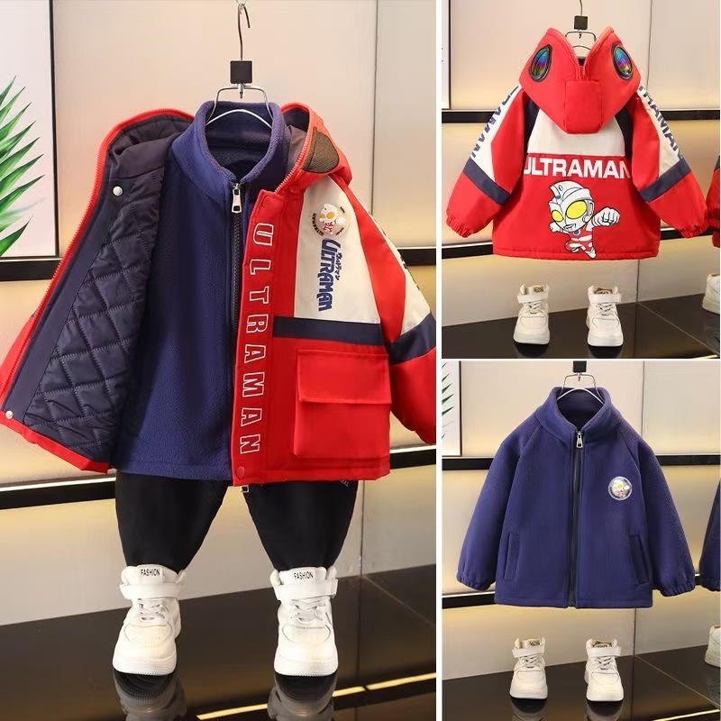 奥特曼外套男童冲锋衣三合一儿童秋冬装男孩风衣加绒厚宝宝衣服潮