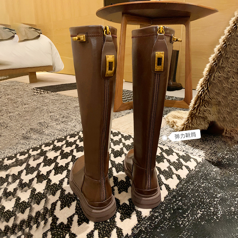 棕色长筒靴女粗腿2025年新款秋冬厚底真皮高筒靴女骑士靴子女长靴
