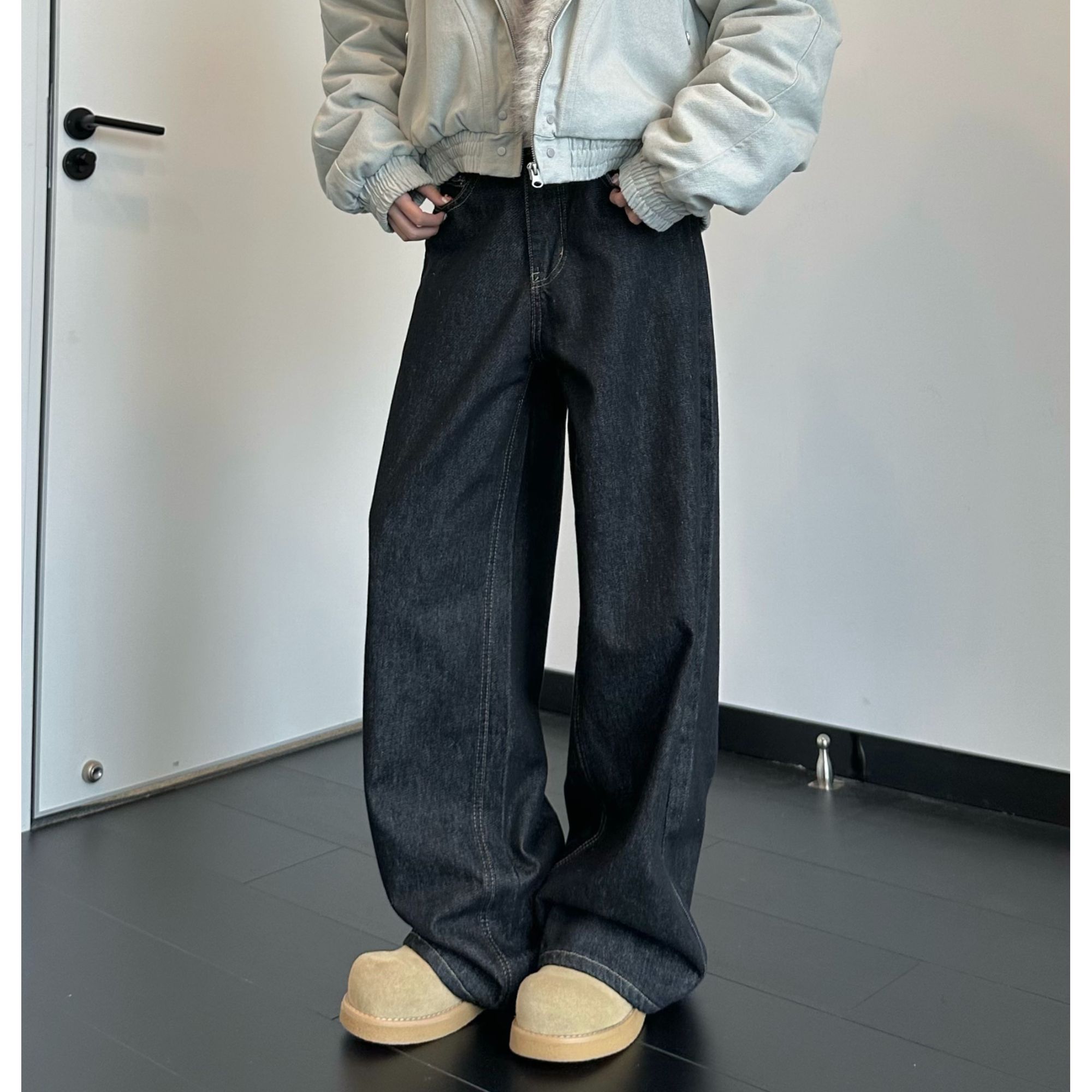 Beautget秋冬经典简约百搭原色牛仔裤女宽松直筒牛仔长裤拖地裤