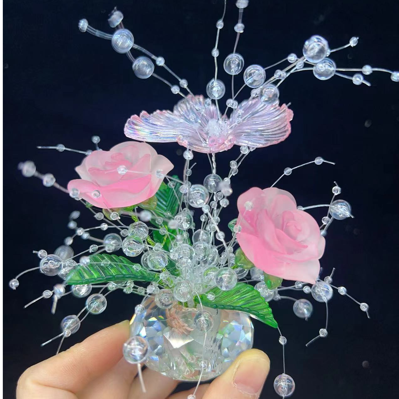 轻奢水晶玫瑰蝴蝶摆件 手工DIY材料包