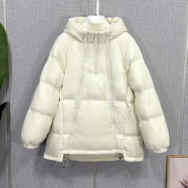 2023新款卫衣服女短款多拉链韩版宽松连帽加厚短款白鸭绒时尚休闲