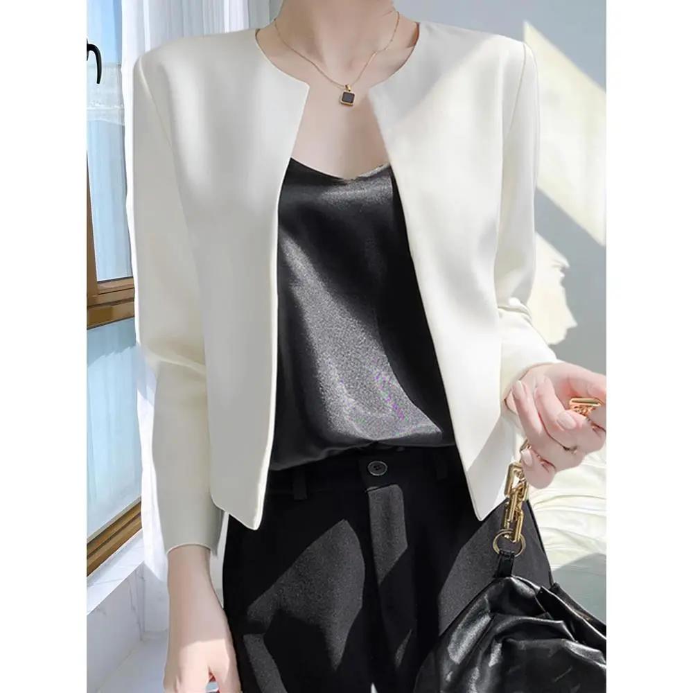 进口三醋酸哑光小西装外套女高端春秋披肩小众短款夹气质白色时尚