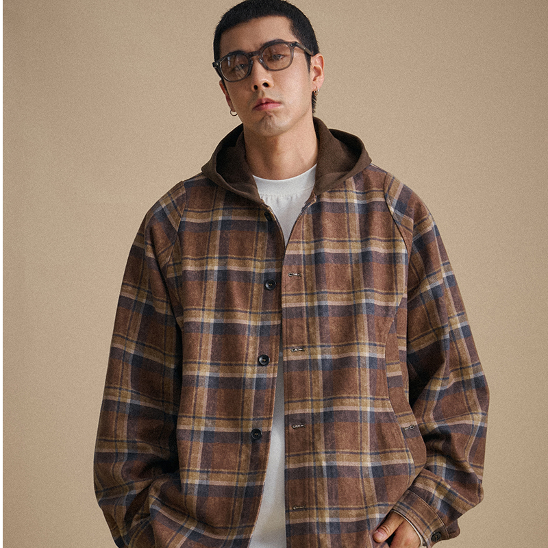 TANOXI S060 「秋意」莱赛尔精梳棉3D打印斑驳纹理格纹连帽衬衫夹克