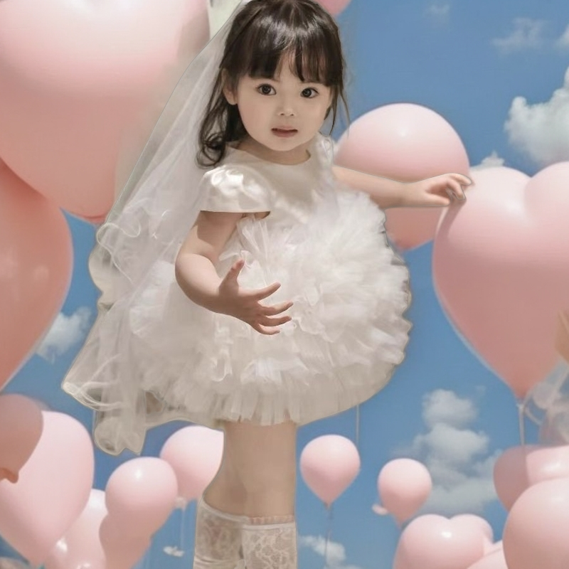 高端花童婚纱礼服短袖白色蓬蓬裙夏装女童周岁生日抓周女宝公主裙