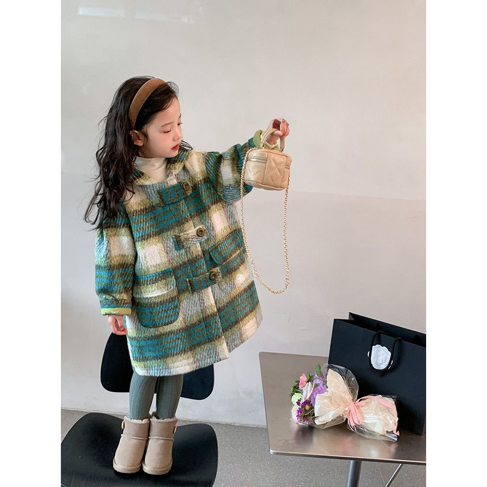 儿童宝宝中长款童装双面呢子女童毛呢连帽大衣秋冬2023新款韩范