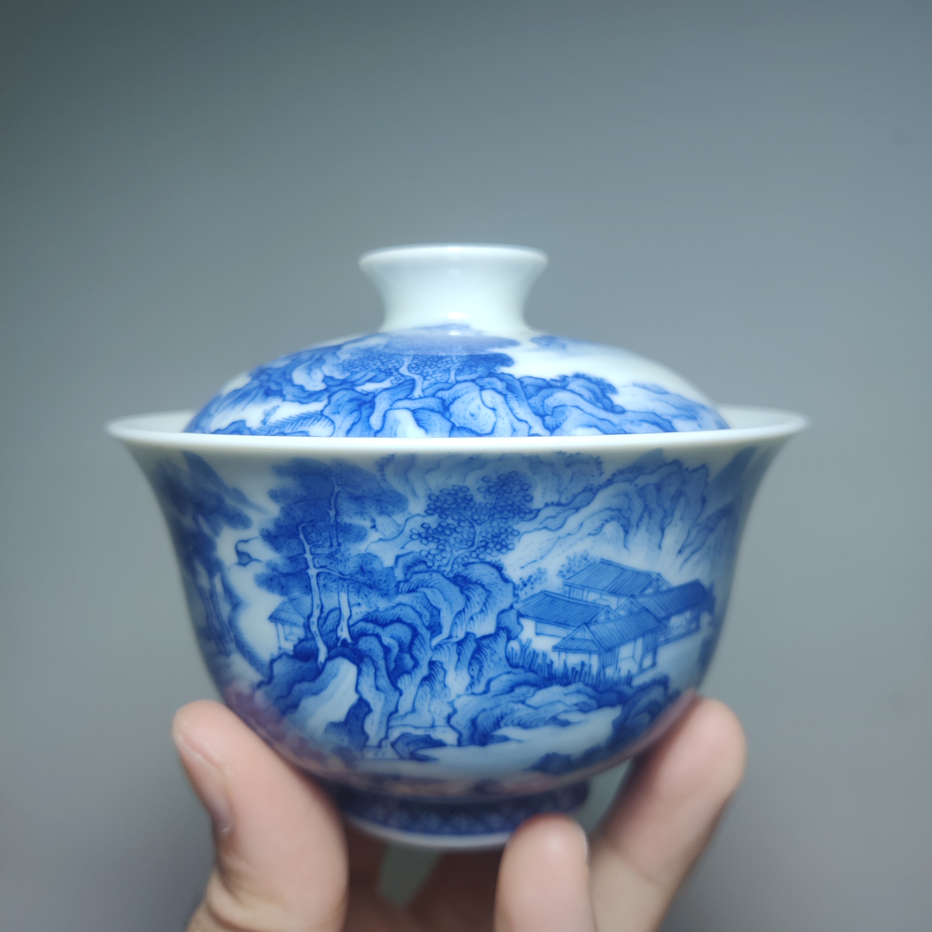 纯手工手绘青花山水两才盖碗  盖下容量140ml左右