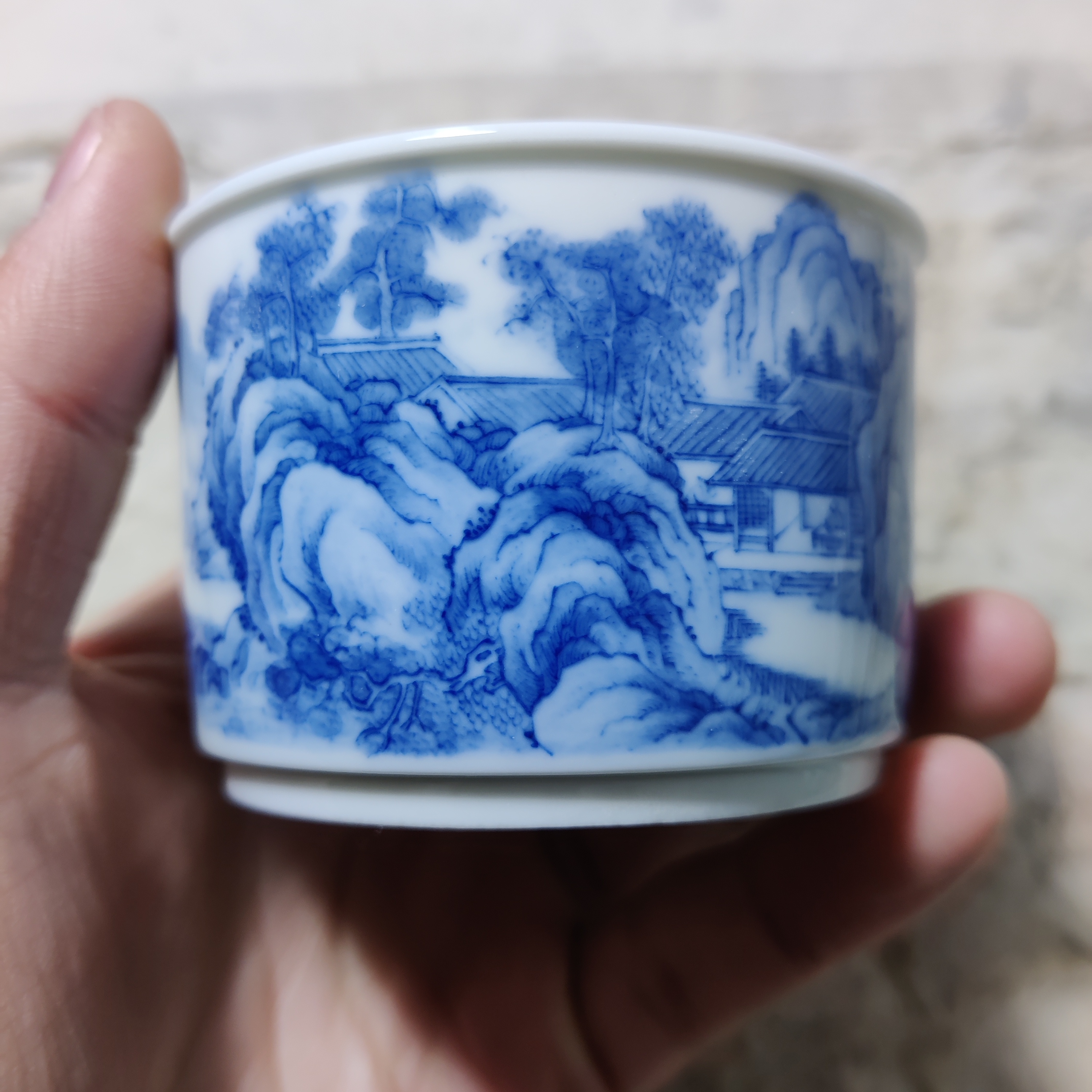 青花山水直筒杯手绘主人杯，发色淡雅介意勿拍