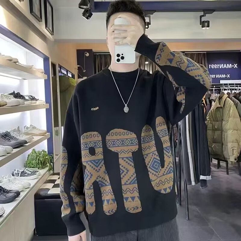 加厚圆领毛衣男2023秋冬季新款卫衣潮流打底衫宽松保暖毛线针织衫
