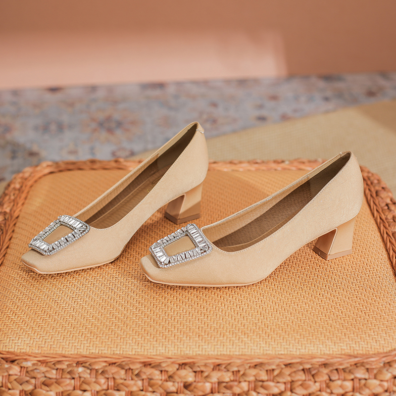 【小逸】5115-3高跟鞋女粗跟单鞋水钻方扣法式气质女鞋方头工作鞋