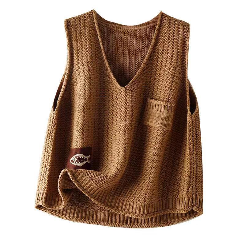 春秋薄款款复古文艺针织贴布马甲女韩版宽松减龄镂空领外搭马夹