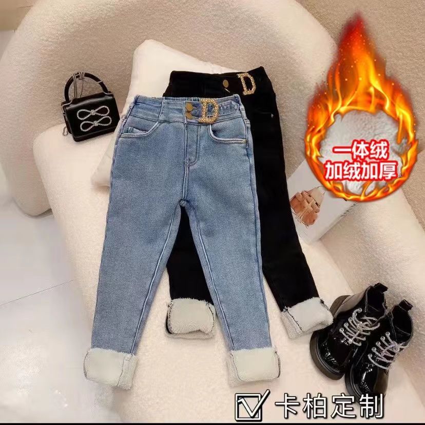 女童加绒牛仔裤一体绒加厚新款宝宝洋气长裤中小童秋冬
