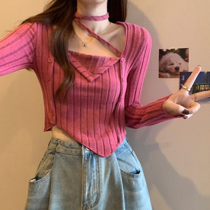 纯欲风设计感小众挂脖针织衫女秋秋新款修身显瘦短款长袖上衣