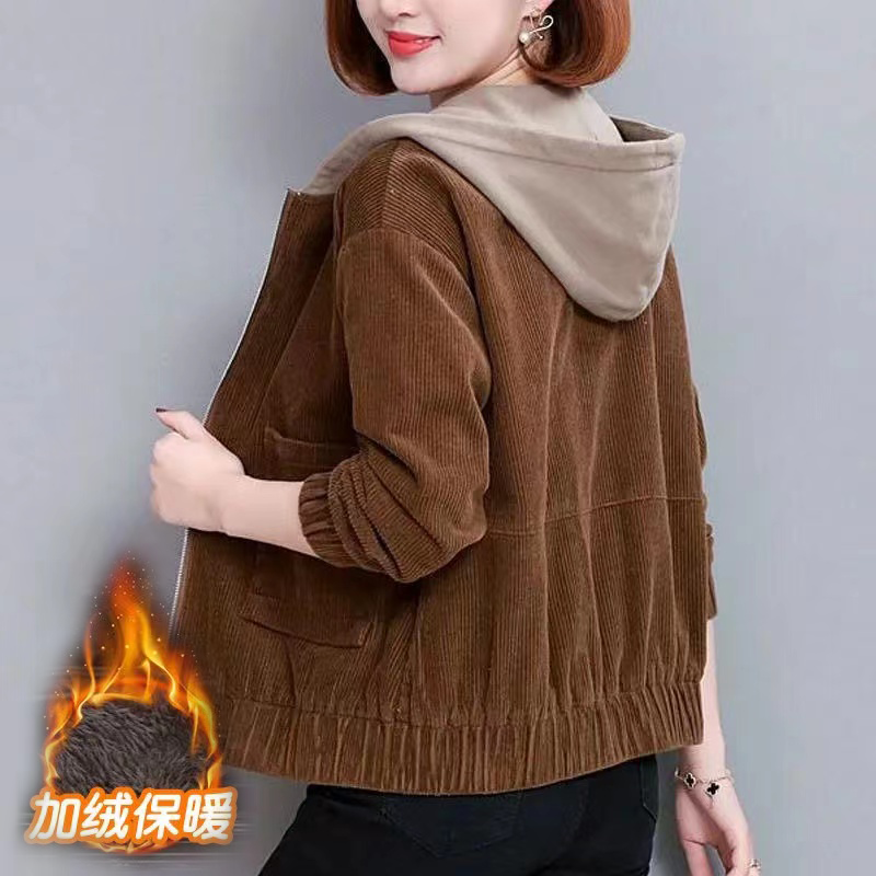加绒加厚灯芯绒短外套女秋冬季新款韩版宽松百搭中年妈妈连帽夹克