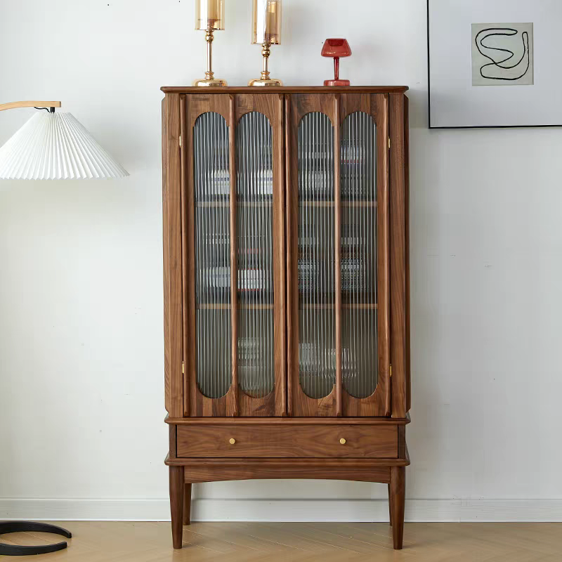 海艺木业复古实木酒柜胡桃木餐边柜玻璃展柜日式书柜收纳柜储物柜