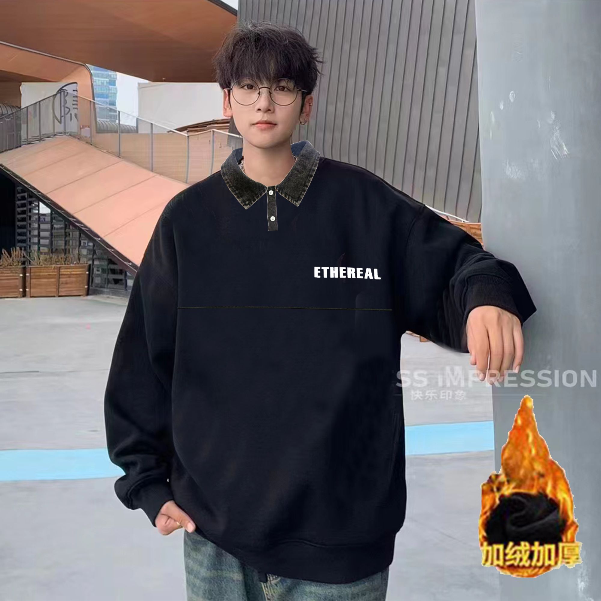 休闲加绒polo2024新款加绒卫衣