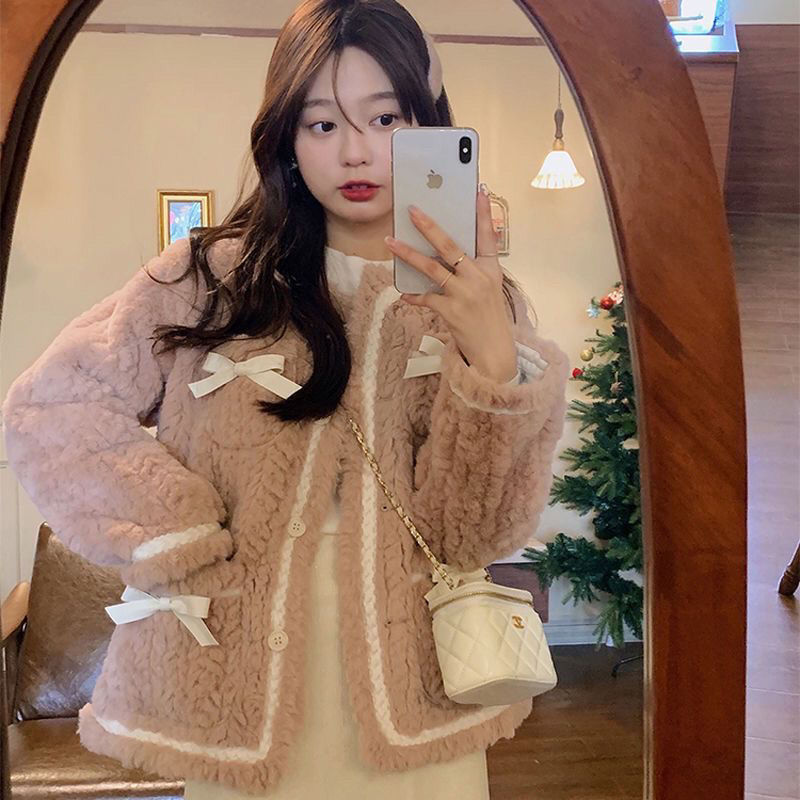 2023冬季小香风外套女复古蝴蝶结甜美少女保暖上衣