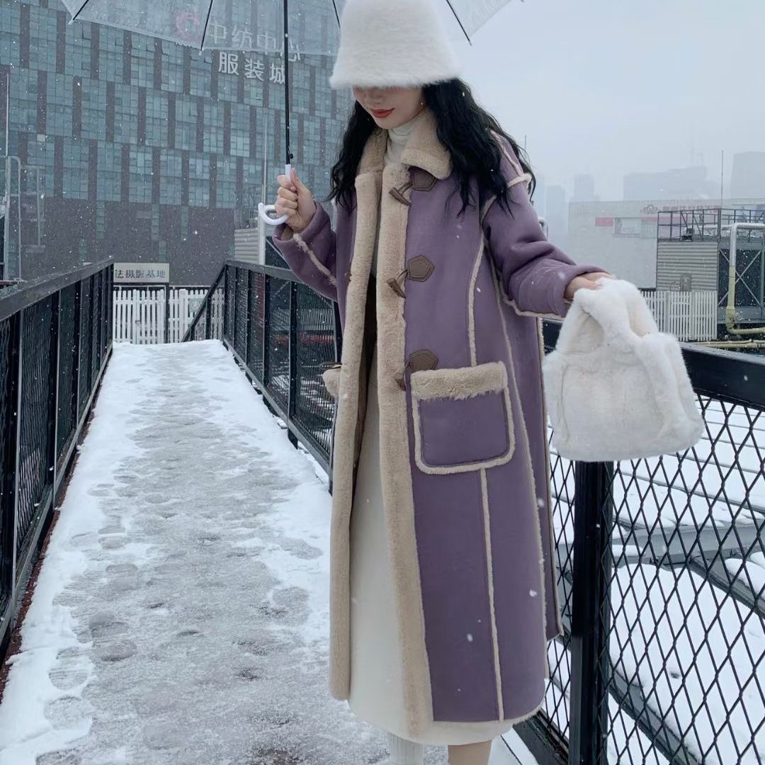 【柏林之冬】牛角扣皮毛一体长款过膝外套女加绒加厚宽松韩版大衣