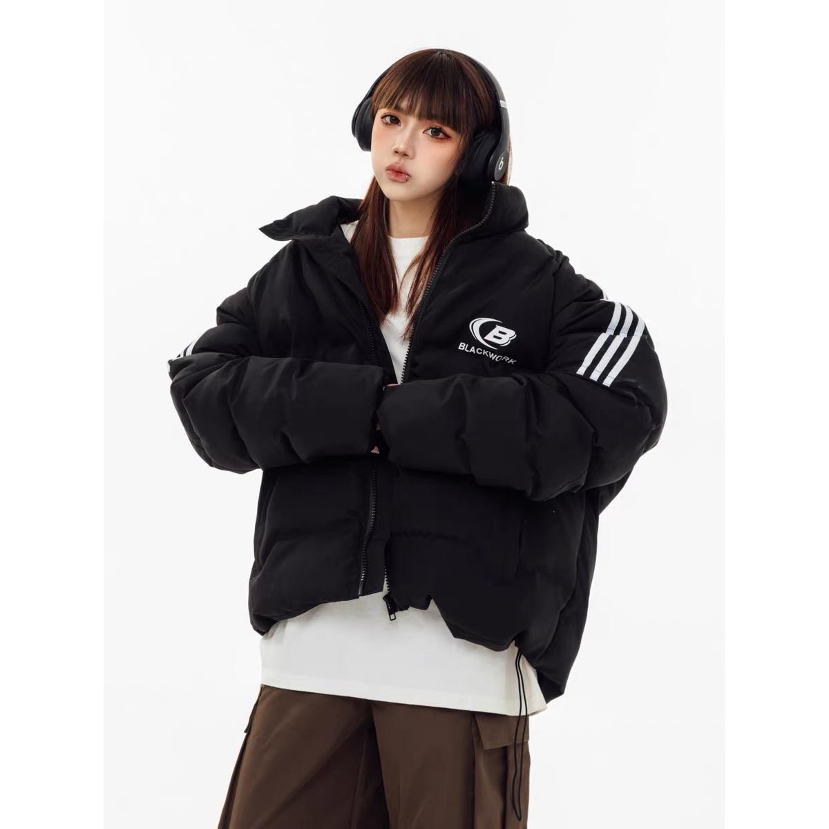 Big eaters国潮美式印花条纹棉衣棉服女秋冬季加厚情侣面包服外套