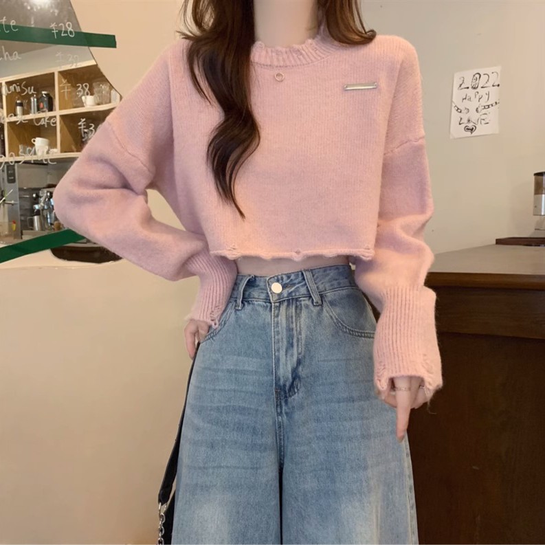 7491美拉德小个子针织打底衫秋冬季短款高腰毛衣卡腰内搭上衣