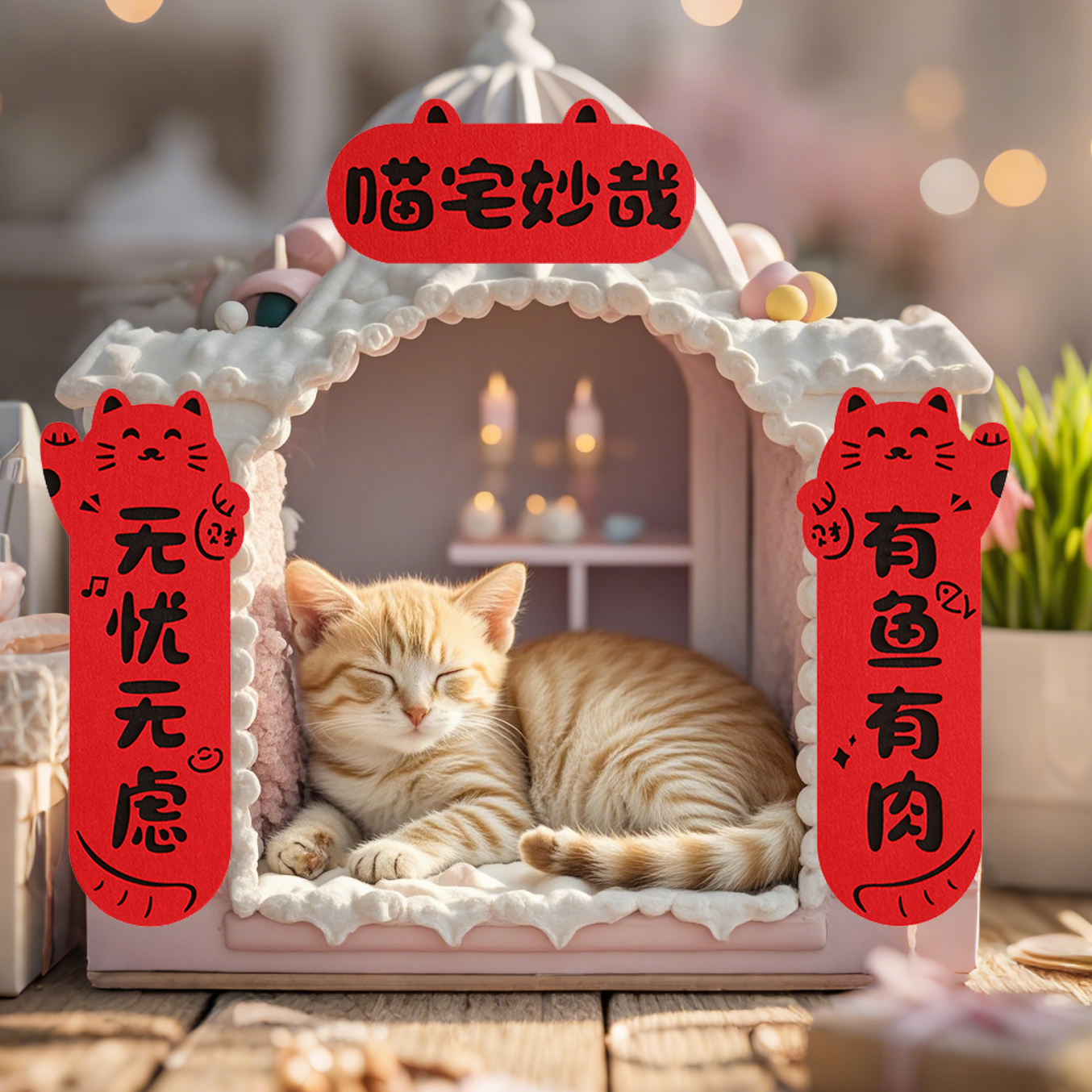 毛毡猫咪小对联新年迷你猫窝狗笼过年装饰春联喜庆猫房子新春门联