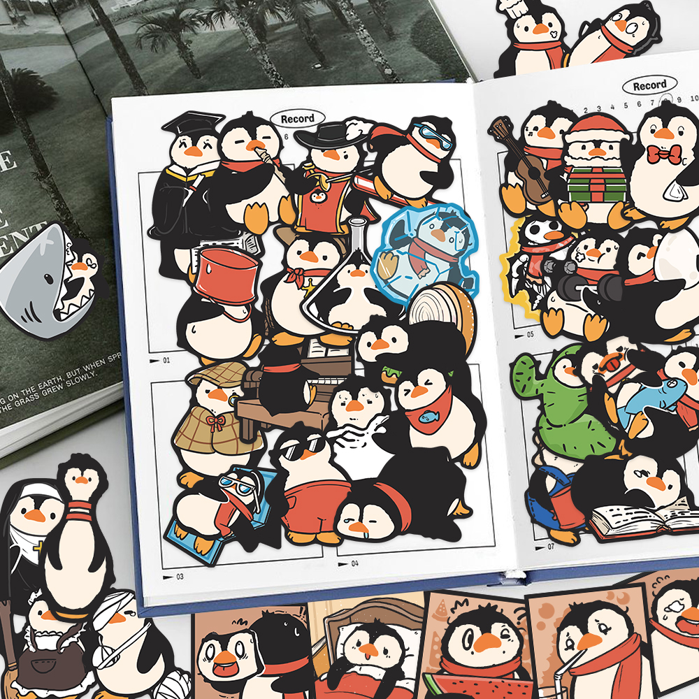 50张原创搞怪企鹅贴纸可爱卡通diy手机壳手账本iPad行李箱贴纸