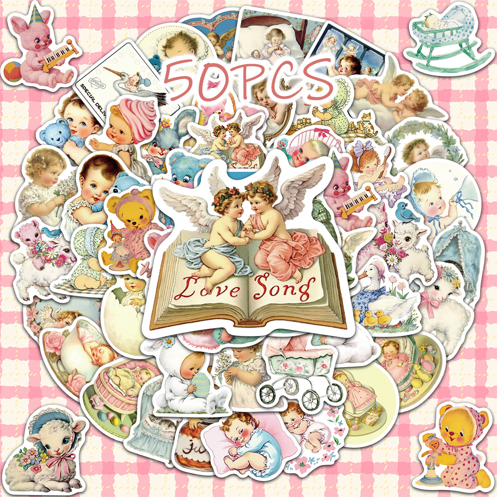50张复古小宝宝贴纸卡通可爱装饰手账桌面创意防水贴画