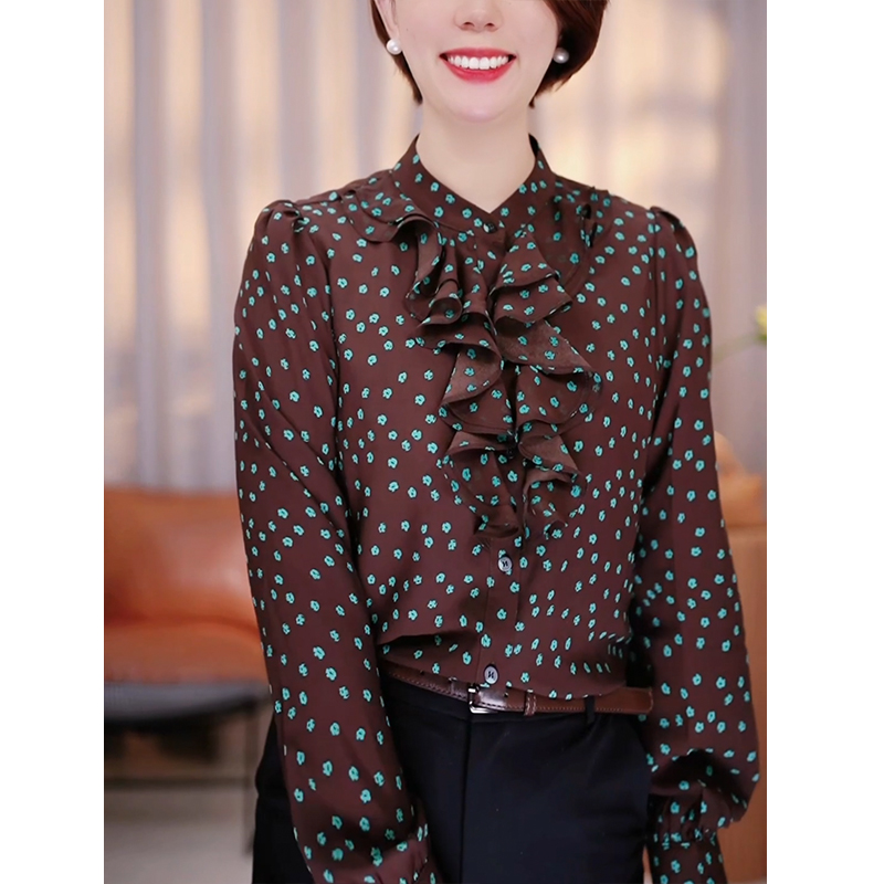 秋冬新款时尚显瘦气质复古花边长袖衬衣小立领洋气碎花衬衫0005