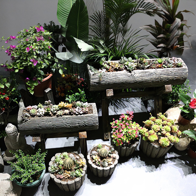 创意室外花园庭院复古多肉绿植造景仿木花盆阳台小院装饰花器摆件