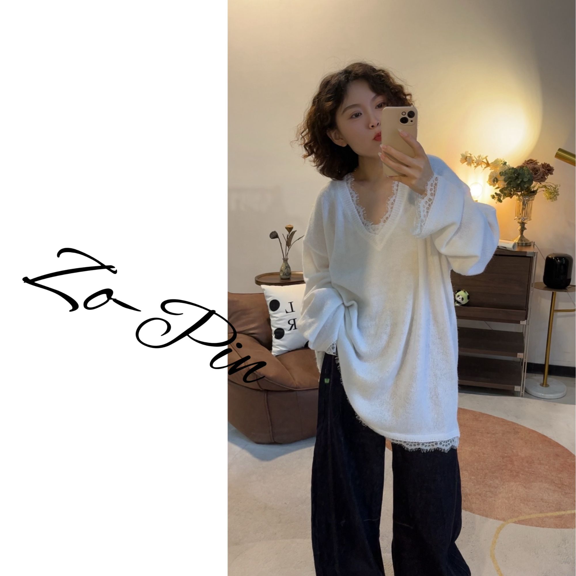 作品家原创 纯欲风法式V领蕾丝花边宽松毛衣