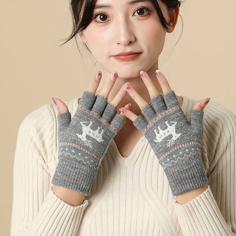 秋冬季毛线手套女针织保暖韩版学生半指可爱麋鹿百搭写字露指防寒