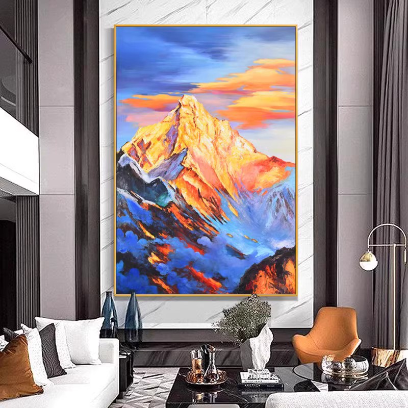 日照金山手绘油画别墅客厅沙发墙装饰画招财风水入户进门玄关挂画