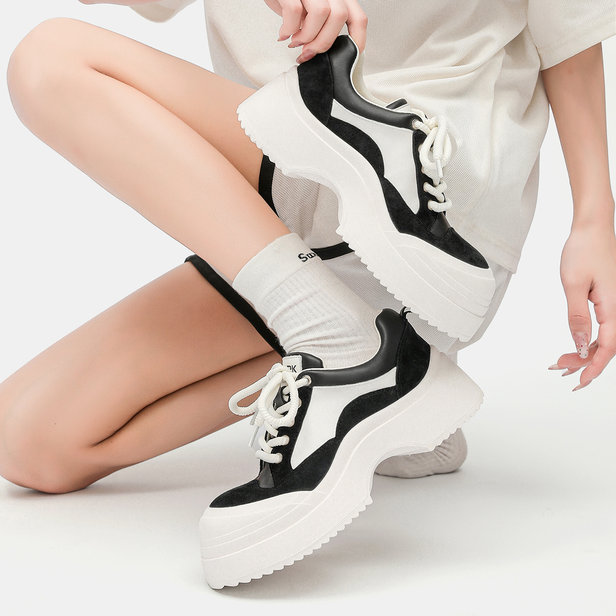 熊猫色板鞋鞋 休闲女黑白色舒适时尚百搭厚底鞋国潮滑板鞋夏季