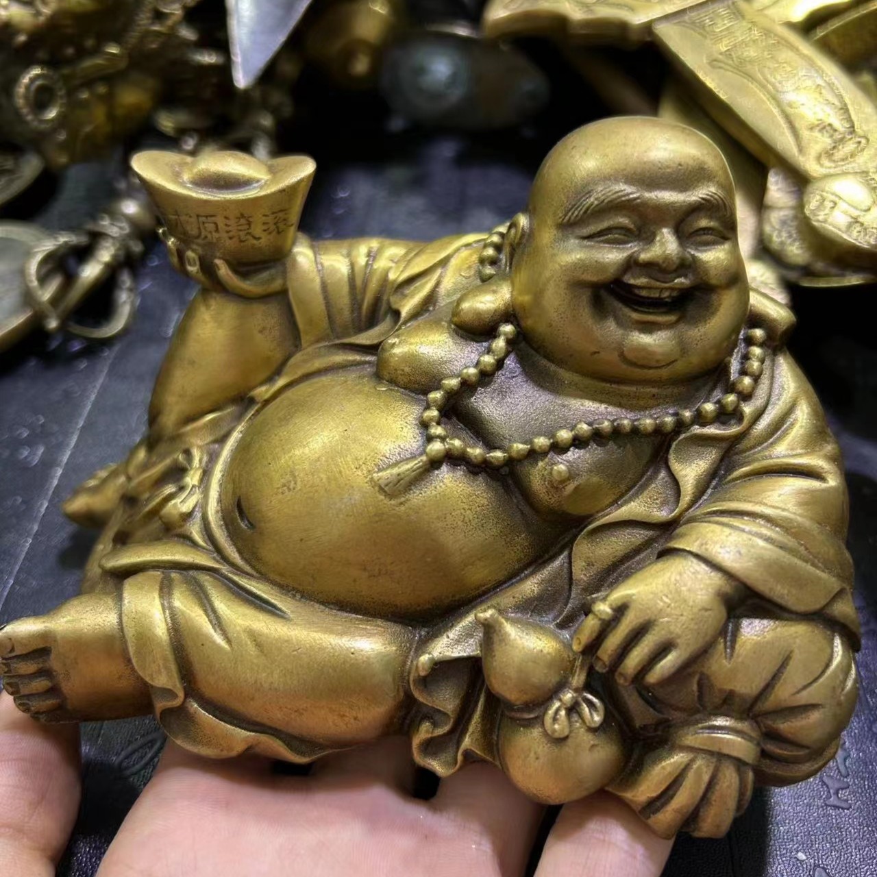 华夏铜珍工艺品 黄铜弥勒佛 家用装饰 车载桌面摆件