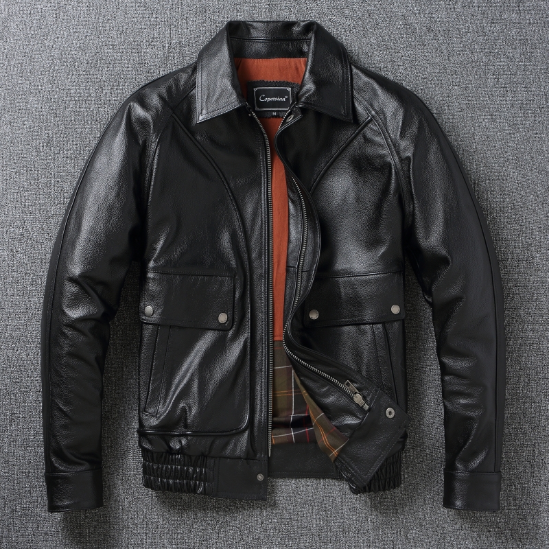 港风复古黑色大码真皮飞行服纯头层牛皮真皮皮衣男士男生翻领夹克