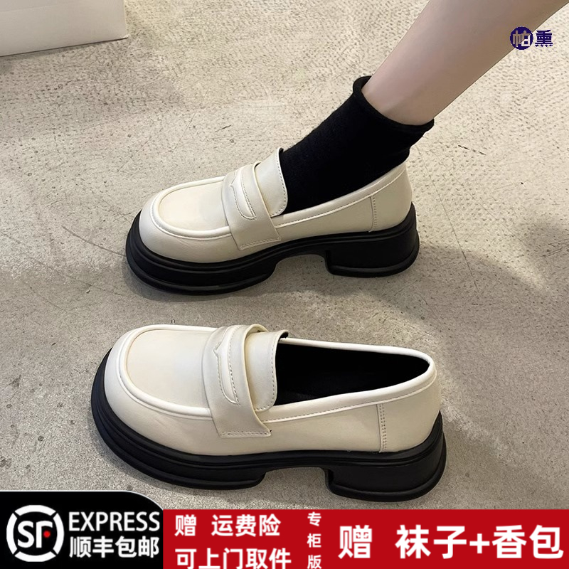 冬季回力休闲黑色粗跟小皮鞋女英伦2023复古jk单鞋小众圆头乐福鞋