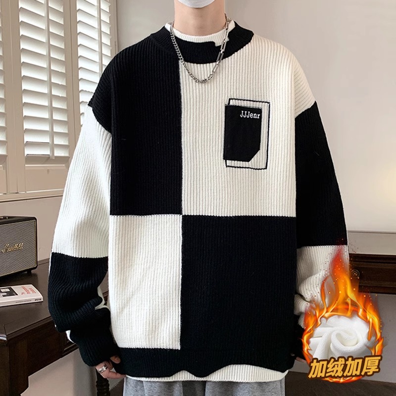 DYXWOLEN假两件毛衣男秋冬加绒保暖圆领毛线衣潮牌撞色针织衫外套