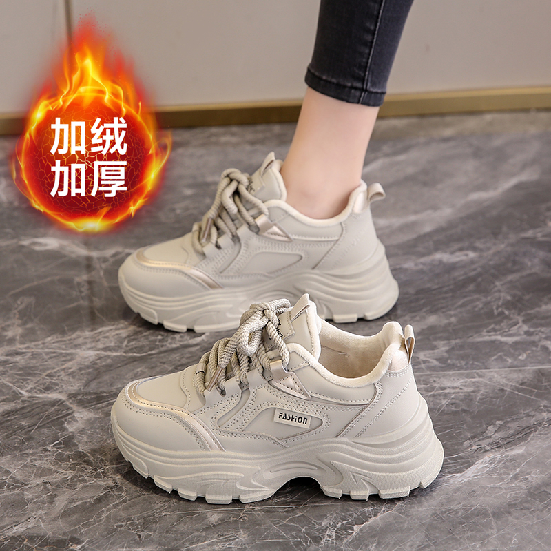 小码34真皮老爹鞋女加绒棉鞋冬季新款厚底百搭软底运动休闲鞋