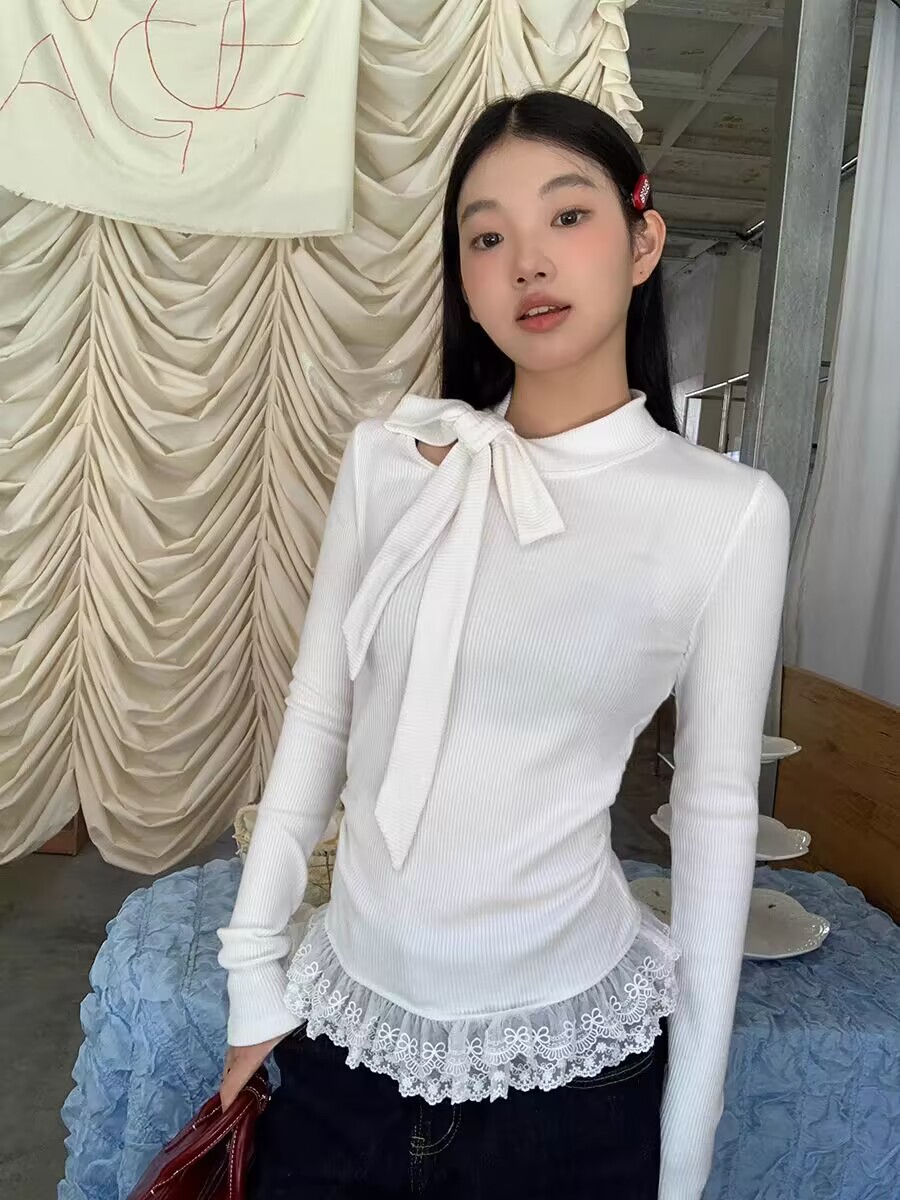 【A9661美人】2024秋季修身设计感长袖休闲打底蕾丝上衣