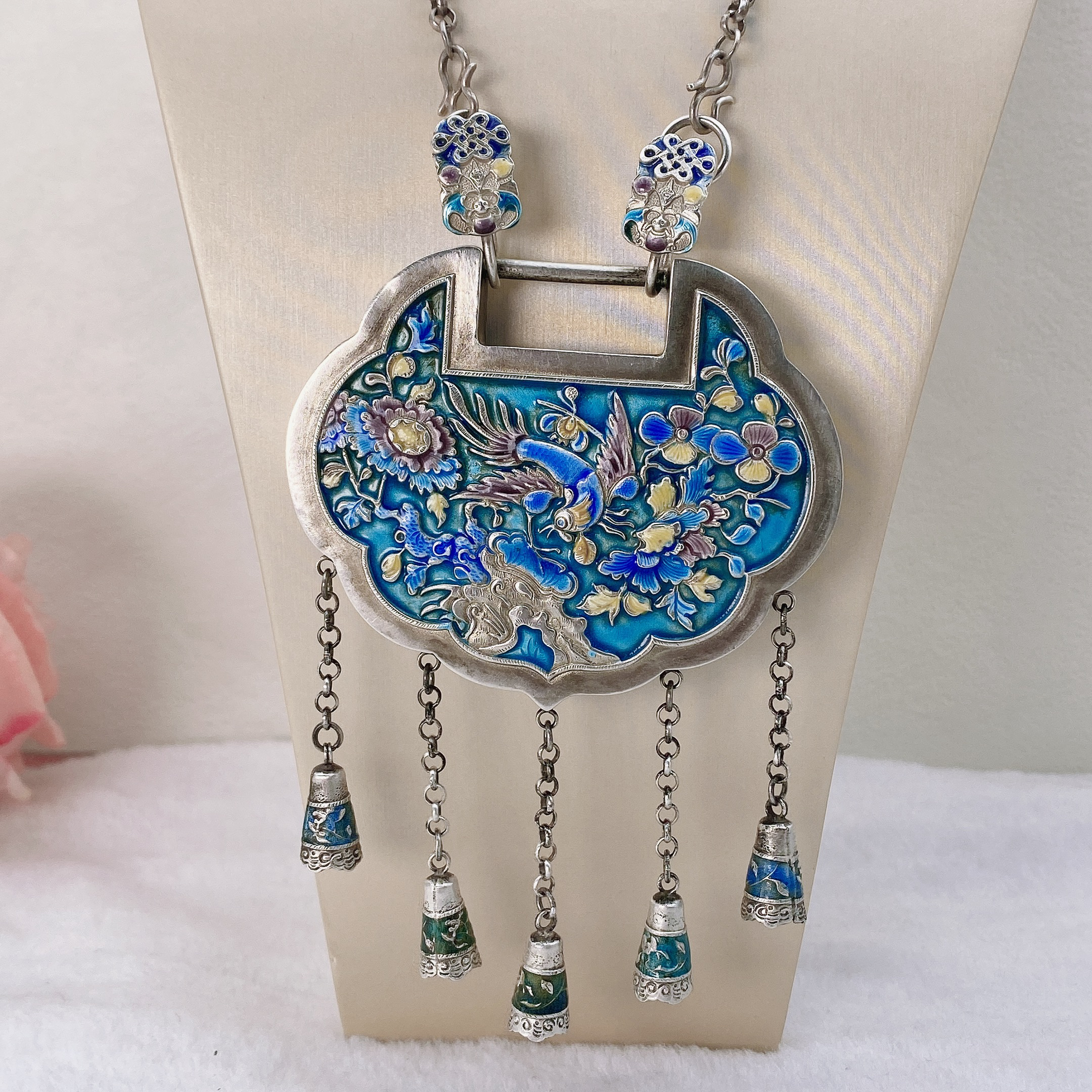 吊坠足银珐琅 足银复古民族风珐琅彩吉祥如意吊坠锁链坠一套
