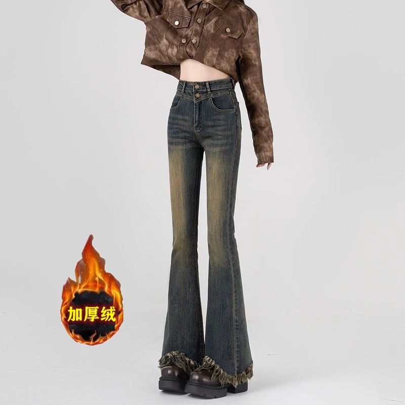 复古高腰牛仔裤女2023冬季新款辣妹弹力显瘦加绒加厚微喇叭拖地QX