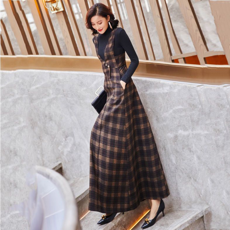 欧宝2023秋季新款显瘦中国风背带裙气质收腰洋气套装小众长款脚QX