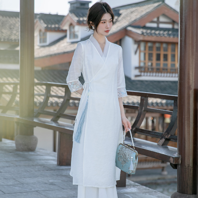 春夏中国风改良汉服裙仙气禅意茶服裙天丝提花交领古风女装连衣裙