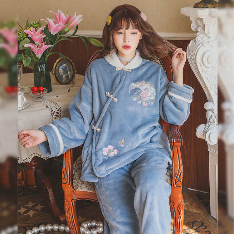 秋冬季新中式睡衣套装女学生中国风古风复古汉服珊瑚绒加绒加厚