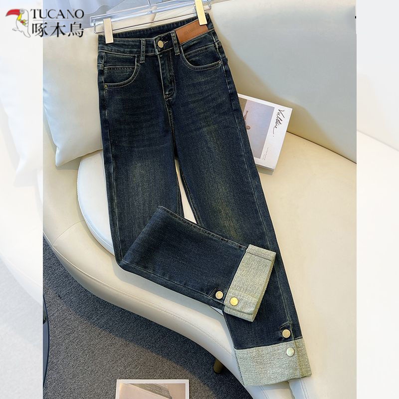 啄木鸟拼接烟管牛仔裤女冬季新款秋冬加绒美式复古薄绒小个子直筒