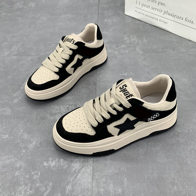 星星板鞋女2023夏秋季新款爆款圆头系带复古厚底运动休闲鞋