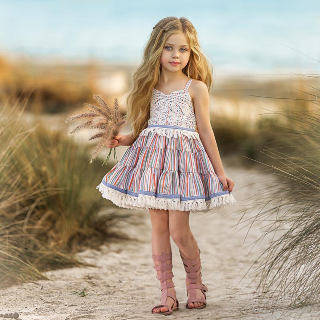 jannybb彩色条纹吊带女童甜美复古百褶夏季连衣裙